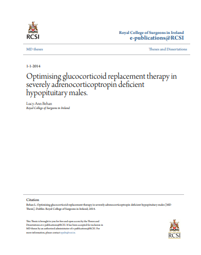 ❞ رسالة ماجستير بعنوان :Optimising glucocorticoid replacement therapy in severely adrenocorticoptropin deficient hypopituitary males. ❝  ⏤ لوسي آن بيهان