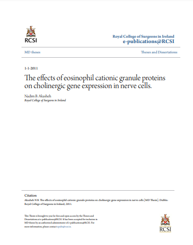 ❞ رسالة  بعنوان :The effects of eosinophil cationic granule proteins on cholinergic gene expression in nerve cells. ❝  ⏤ نديم عكاشة