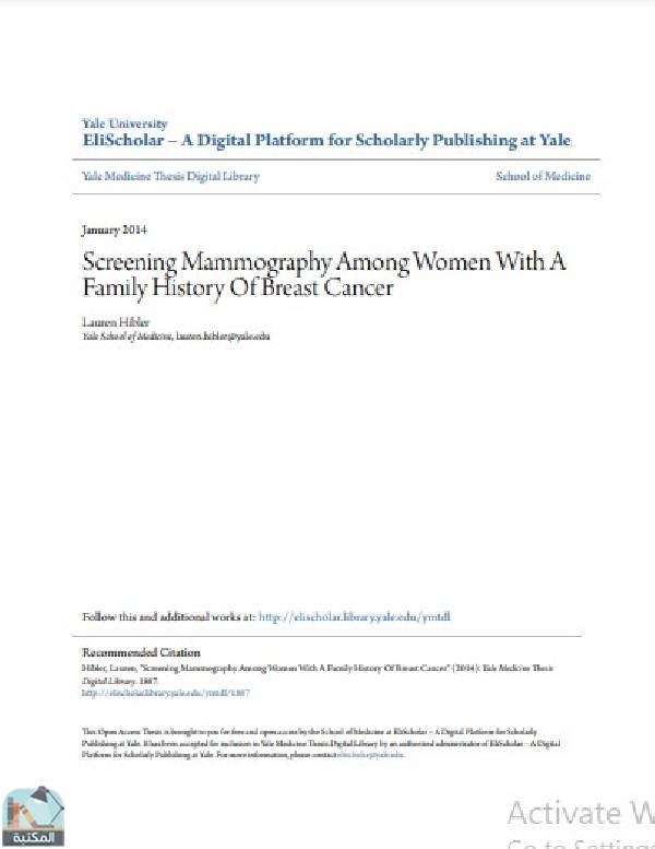 ❞ رسالة Screening Mammography Among Women With A Family History Of Breast Cancer ❝  ⏤ Lauren Hibler