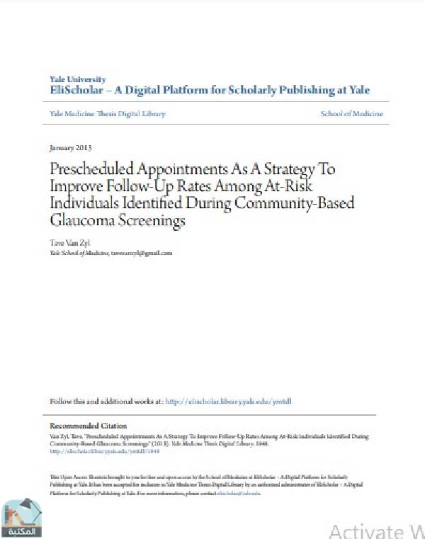 ❞ رسالة Prescheduled Appointments As A Strategy To Improve Follow-Up Rates Among At-Risk Individuals Identified During Community-Based Glaucoma Screenings ❝  ⏤ Tave Van Zyl