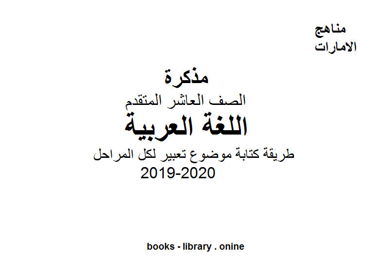 الصف العاشر لغة عربية طريقة كتابة موضوع تعبير لكل المراحل, الدليل التطبيقي للتعبير الابداعي والوظيفي للفصل الأول من العام الدراسي 2019-2020