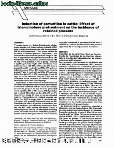 ❞ كتاب Induction of parturition in cattle Effect of triamcinolone pretreatment on the incidence of retained placenta ❝  ⏤ كاتب غير معروف