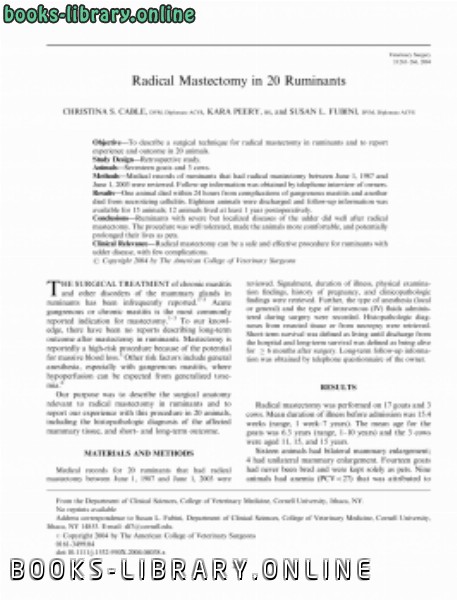 ❞ كتاب Radical Mastectomy in 20 Ruminants ❝  ⏤ كاتب غير معروف