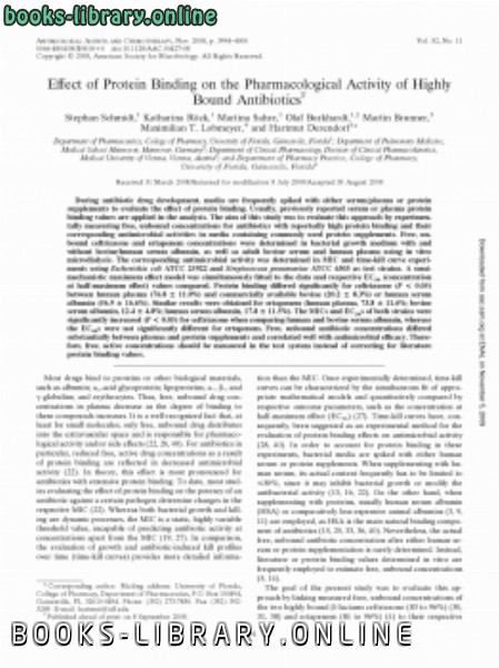 ❞ كتاب Effect of Protein Binding on the Pharmacological Activity of Highly Bound Antibiotics ❝  ⏤ كاتب غير معروف