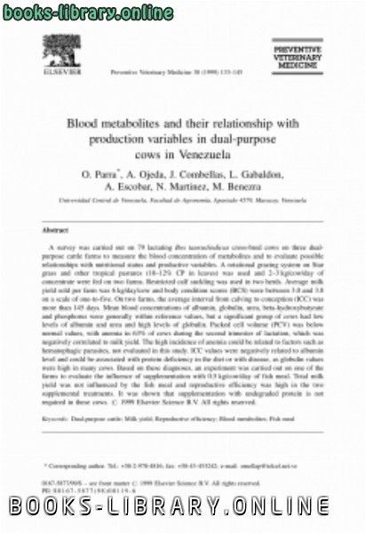 ❞ كتاب Blood metabolites and their relationship with production variables in dualpurpose cows in Venezuela ❝  ⏤ كاتب غير معروف
