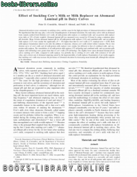 ❞ كتاب Effect of Suckling Cow' s Milk or Milk Replacer on Abomasal Luminal pH in Dairy Calves (p 97102) ❝  ⏤ كاتب غير معروف