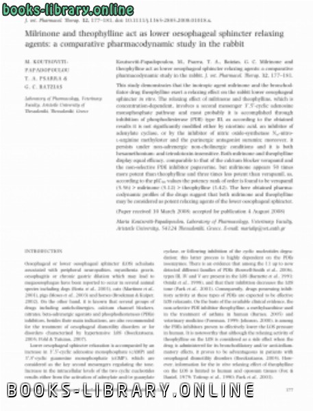 ❞ كتاب Milrinone and theophylline act as lower oesophageal sphincter relaxing agents a comparative pharmacodynamic study in the rabbit ❝  ⏤ كاتب غير معروف