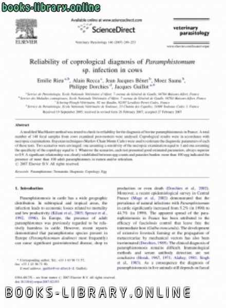 ❞ كتاب Reliability of coprological diagnosis of Paramphistomum sp. infection in cows ❝ 