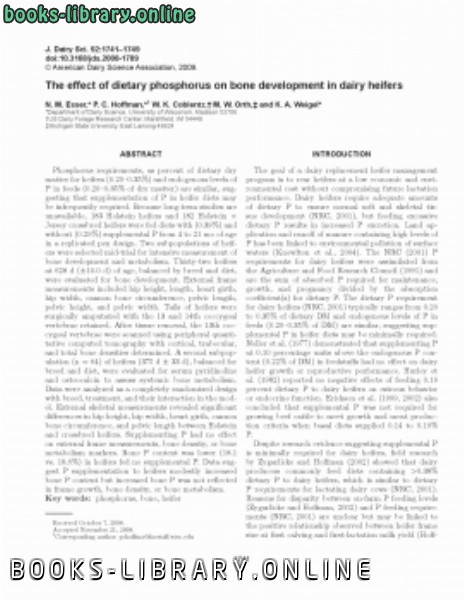 ❞ كتاب The effect of dietary phosphorus on bone development in dairy heifers ❝ 