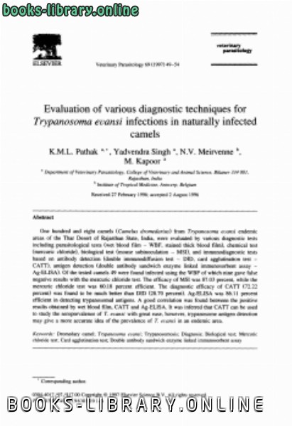 ❞ كتاب Evaluation of various diagnostic techniques for Trypanosoma evansi infections in naturally infected camels ❝  ⏤ كاتب غير معروف