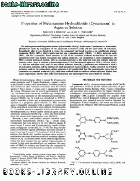 ❞ كتاب Properties of Melarsamine Hydrochloride (Cymelarsan) in Aqueous Solution ❝  ⏤ كاتب غير معروف