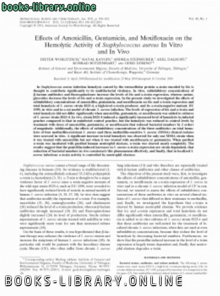 ❞ كتاب Effects of Amoxicillin, Gentamicin, and Moxifloxacin on the Hemolytic Activity of Staphylococcus aureus In Vitro and In Vivo ❝  ⏤ كاتب غير معروف