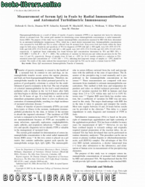 ❞ كتاب Measurement of Serum IgG in Foals by Radial Immunodiffusion and Automated Turbidimetric Immunoassay (p 9396) ❝  ⏤ كاتب غير معروف