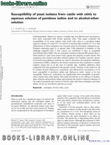 Susceptibility of yeast isolates from cattle with otitis to aqueous solution of povidone iodine and to alcoholether solution