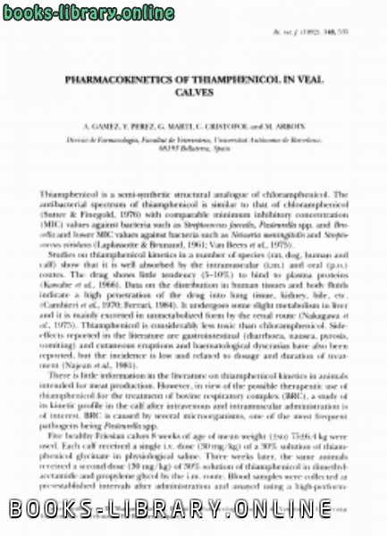 ❞ كتاب Pharmacokinetics of thiamphenicol in veal calves ❝  ⏤ كاتب غير معروف