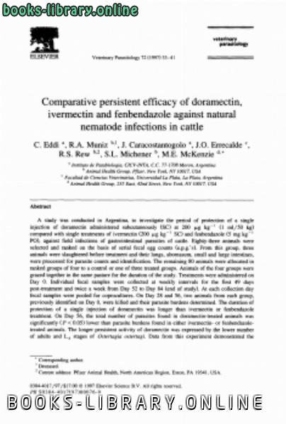 ❞ كتاب Comparative persistent efficacy of doramectin, ivermectin and fenbendazole against natural nematode infections in cattle ❝  ⏤ كاتب غير معروف