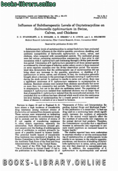 ❞ كتاب Influence of Subtherapeutic Levels of Oxytetracycline on Salmonella typhimurium in Swine, Calves, and Chickens ❝  ⏤ كاتب غير معروف