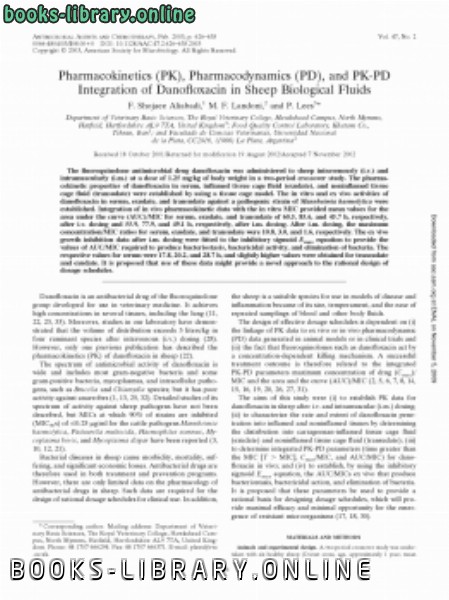 ❞ كتاب Pharmacokinetics (PK), Pharmacodynamics (PD), and PKPD Integration of Danofloxacin in Sheep Biological Fluids ❝  ⏤ كاتب غير معروف