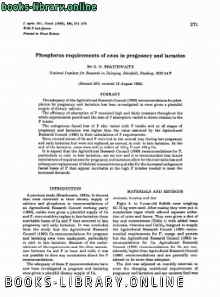❞ كتاب Phosphorus requirements of ewes in pregnancy and lactation ❝  ⏤ كاتب غير معروف
